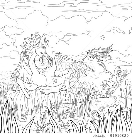 Black and white coloring page ink illustration of a dragon. 91916329