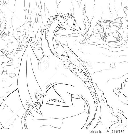 Black and white coloring page ink illustration of a dragon. 91916582