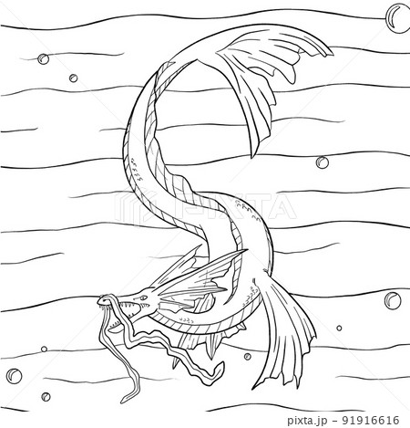 Black and white coloring page ink illustration of a dragon. 91916616