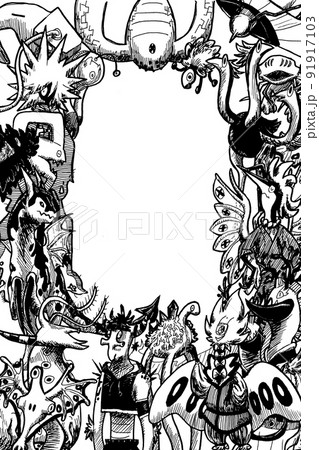 Ink illustration of a frame of aliens. 91917103