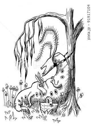 Black and white ink illustration of a strange alien creature. 91917104