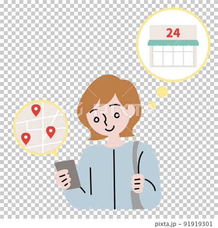 Illustration of a woman looking for a convenience store while looking at a map on her smartphone Illustration of a woman looking for a convenience store while looking at a map on her smartphone 91919301