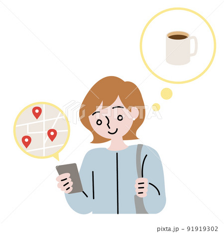 スマホで地図を見ながらカフェを探す女性のイラスト 91919302