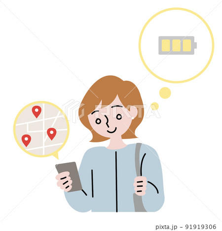 スマホで地図を見ながら充電スポットやレンタルバッテリーを探す女性のイラストのイラスト素材