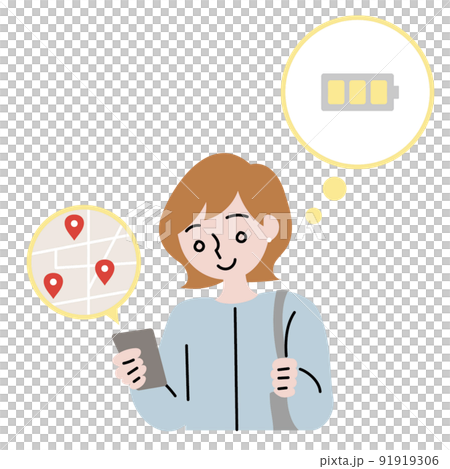 Illustration of a woman looking for a charging spot or rental battery while looking at a map on a smartphone 91919306