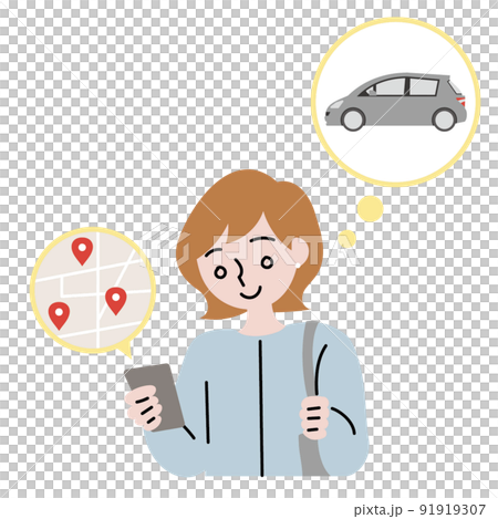 Illustration of a woman looking for a place to rent a car while looking at a map on her smartphone Illustration of a woman looking for a place to rent a car while looking at a map on her smartphone 91919307