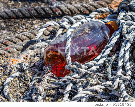 Plastic bottle with brown tea in it. 91919459