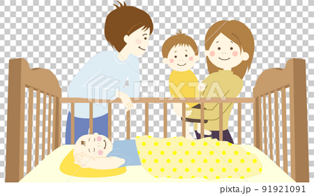 ベビーベッドに寝る赤ちゃんを見る夫婦とお兄ちゃん 91921091