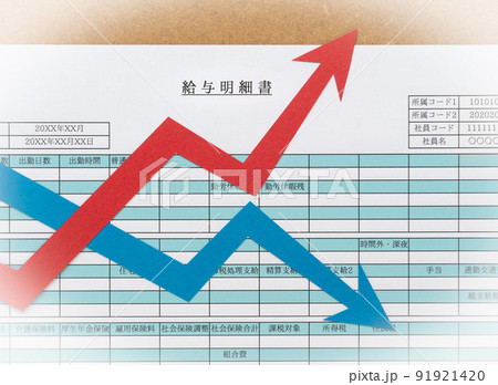 給与明細書と矢印　二極化　上向き　下向き　矢印　両極化 91921420