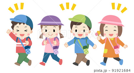 遠足・笑顔で歩く子供たちのイラスト素材　線なし 91921684