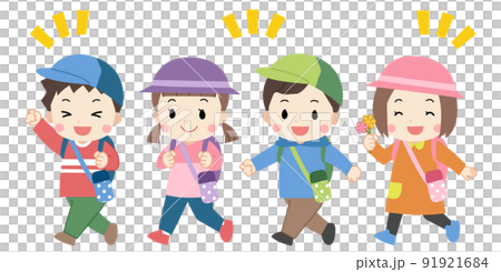 遠足・笑顔で歩く子供たちのイラスト素材　線なし 91921684