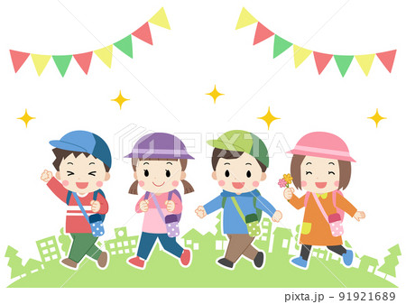 遠足・街並みを歩く子供たちのフレーム素材イラスト　線なし 91921689