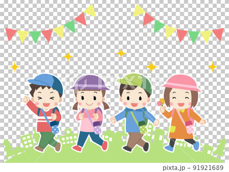 遠足・街並みを歩く子供たちのフレーム素材イラスト　線なし 91921689