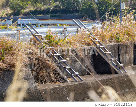 2 metal ladders on a concrete slab. 91922118