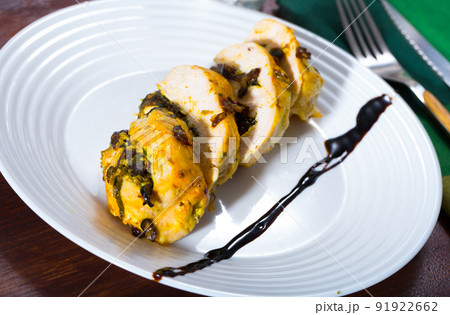 Plate of appetizing baked turkey breast Plate of appetizing baked turkey breast 91922662