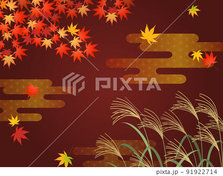 ススキと紅葉の背景_紅色 91922714