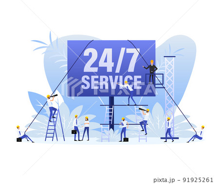 24 hour support in flat style on white background. Customer service. Online support call center. Flat people. 24 hour support in flat style on white background. Customer service. Online support call center. Flat people. 91925261
