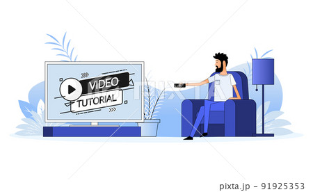 Man sits on the couch, they switch the channel on the TV. Video tutorial icon Man sits on the couch, they switch the channel on the TV. Video tutorial icon 91925353