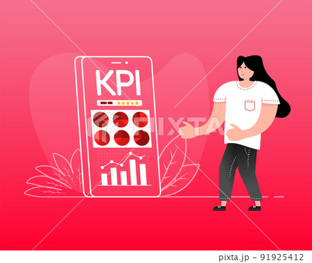 Kpi people and smarphone on pink background. Vector illustration 91925412