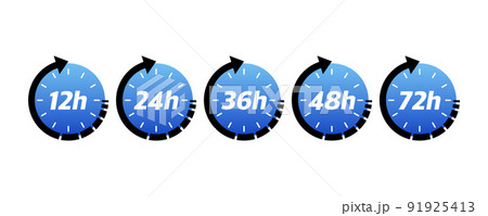 12, 24, 48 and 72 hours clock arrow. Vector work time effect or delivery service time icons. Vector illustration 12, 24, 48 and 72 hours clock arrow. Vector work time effect or delivery service time icons. Vector illustration 91925413