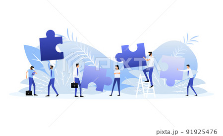 Hands putting puzzle pieces. Teamwork concept. Vector illustration. 91925476