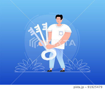 Man running with big key. Holding giant key. Open the door lock 91925479