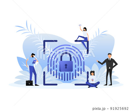 People smartphone with scanning fingerprint. Flat card on light backdrop 91925692