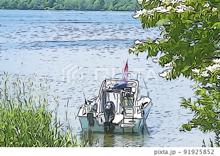 パステル調　”湖面に浮かぶ釣り船”　イラストイメージ 91925852