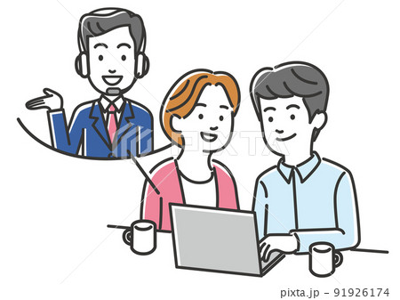 自宅でオンライン相談を受ける夫婦のイメージイラスト素材 91926174