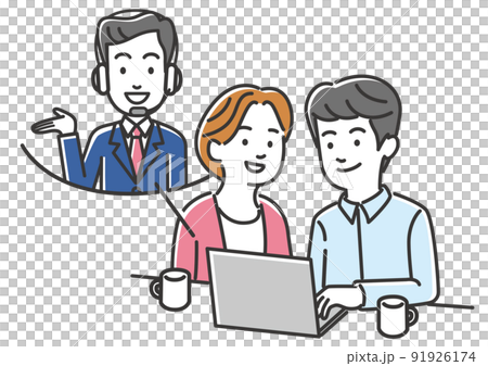 自宅でオンライン相談を受ける夫婦のイメージイラスト素材 91926174