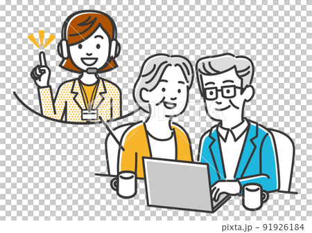 一對老年夫婦在家接受在線諮詢的圖像插圖素材 91926184