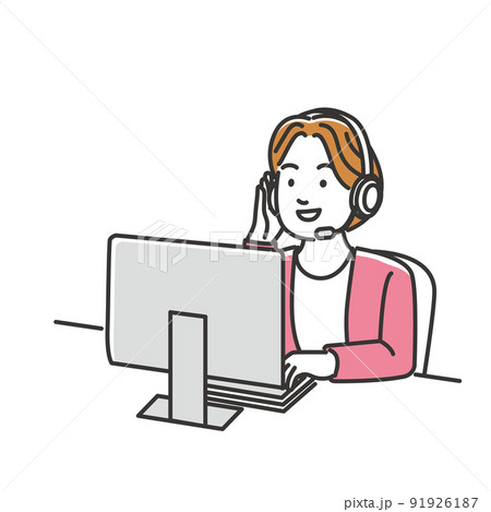 インカムでお客様の対応をするコールセンターのオペレーターの女性のイメージイラスト素材のイラスト素材