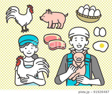 鶏や豚などのアイコンと子豚や鶏を抱く畜産農家のベクターイラスト素材/養豚/農家/養鶏/酪農 鶏や豚などのアイコンと子豚や鶏を抱く畜産農家のベクターイラスト素材/養豚/農家/養鶏/酪農 91926487