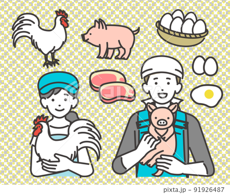 鶏や豚などのアイコンと子豚や鶏を抱く畜産農家のベクターイラスト素材/養豚/農家/養鶏/酪農 鶏や豚などのアイコンと子豚や鶏を抱く畜産農家のベクターイラスト素材/養豚/農家/養鶏/酪農 91926487
