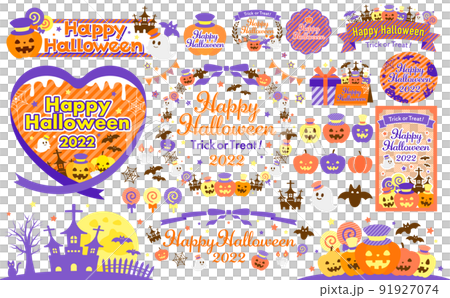 ハロウィーンフレームとイラストのセット_ハロウィンカラー 91927074