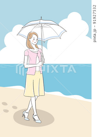 海辺で日傘を持つ女性＿POSTCARD 91927532
