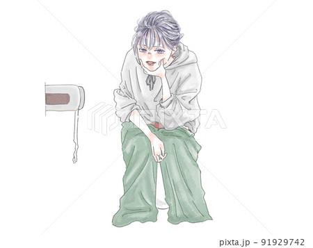 腹痛に苦しみトイレにこもる女性 91929742