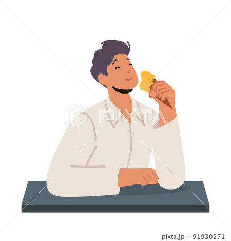 Man Eating Ice Cream Dessert At Cafe. Enjoyment, Pleasure of Sweet Food Concept. Sweet Tooth Character Licking Icecream 91930271