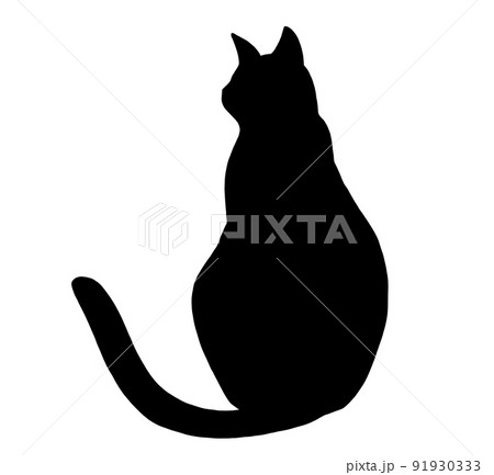 後ろ向きで座る黒猫のシルエットのイラスト 91930333