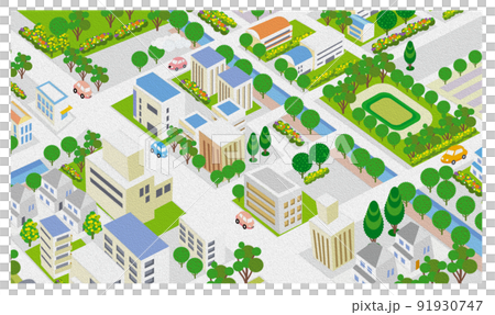 Oil-style embossing. Beautiful cityscape and living scenery. Creating a city where people can live brightly and the nature and housing blend together. 91930747