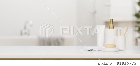 Luxury white marble bathroom tabletop with white marble bathroom container set 91930775