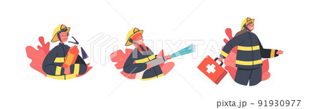 Set of Fire Fighters Kids Avatars, Isolated Kids Characters in Uniform Hold First Aid Kit, Extinguisher, Spraying Water Set of Fire Fighters Kids Avatars, Isolated Kids Characters in Uniform Hold First Aid Kit, Extinguisher, Spraying Water 91930977