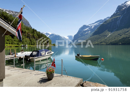 Landscape of Lodalen valley with Lovatnet lake in summer, Norway 91931758