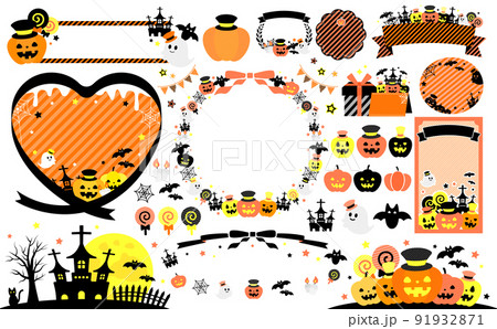 ハロウィーンフレームとイラストのセット_ハロウィンカラー黒 文字なし 91932871