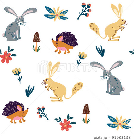 Woodland animals and plants seamless pattern. Hare hedgehog and jerboa. Hand drawn forest mammals. Animals characters. Scandinavian background. Vector cartoon illustration. 91933138