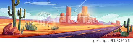 Road in desert landscape with rocks and cacti 91933151
