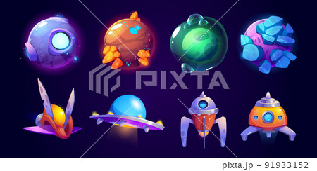 Alien spaceship, fantasy planet ufo game icons set 91933152