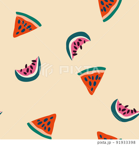 Watermelons seamless pattern. Fruits background. Perfect for printing on packaging paper, postcard, poster, banner, clothing. Cartoon Vector illustration. 91933398