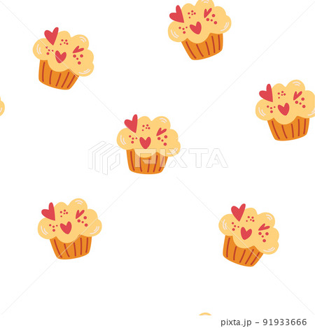 Muffins seamless pattern. Sweet dessert background. Bakery and pastry foods. great for wrapping paper, banner, textile, wallpaper. Vector cartoon illustration. 91933666