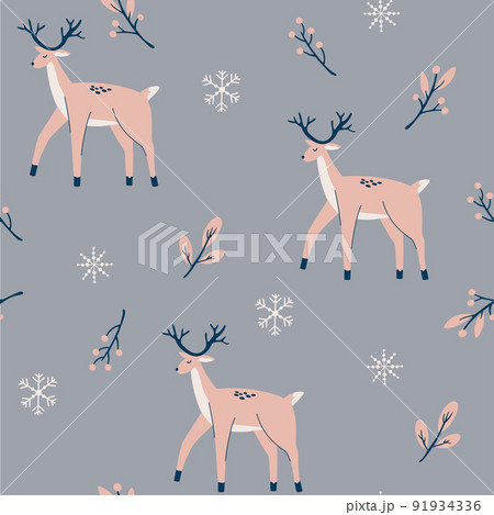 Deer seamless pattern. Christmas background with twigs berries snowflakes and deer. Perfect for textile, wallpaper or print design. Hand Draw Vector illustration. 91934336